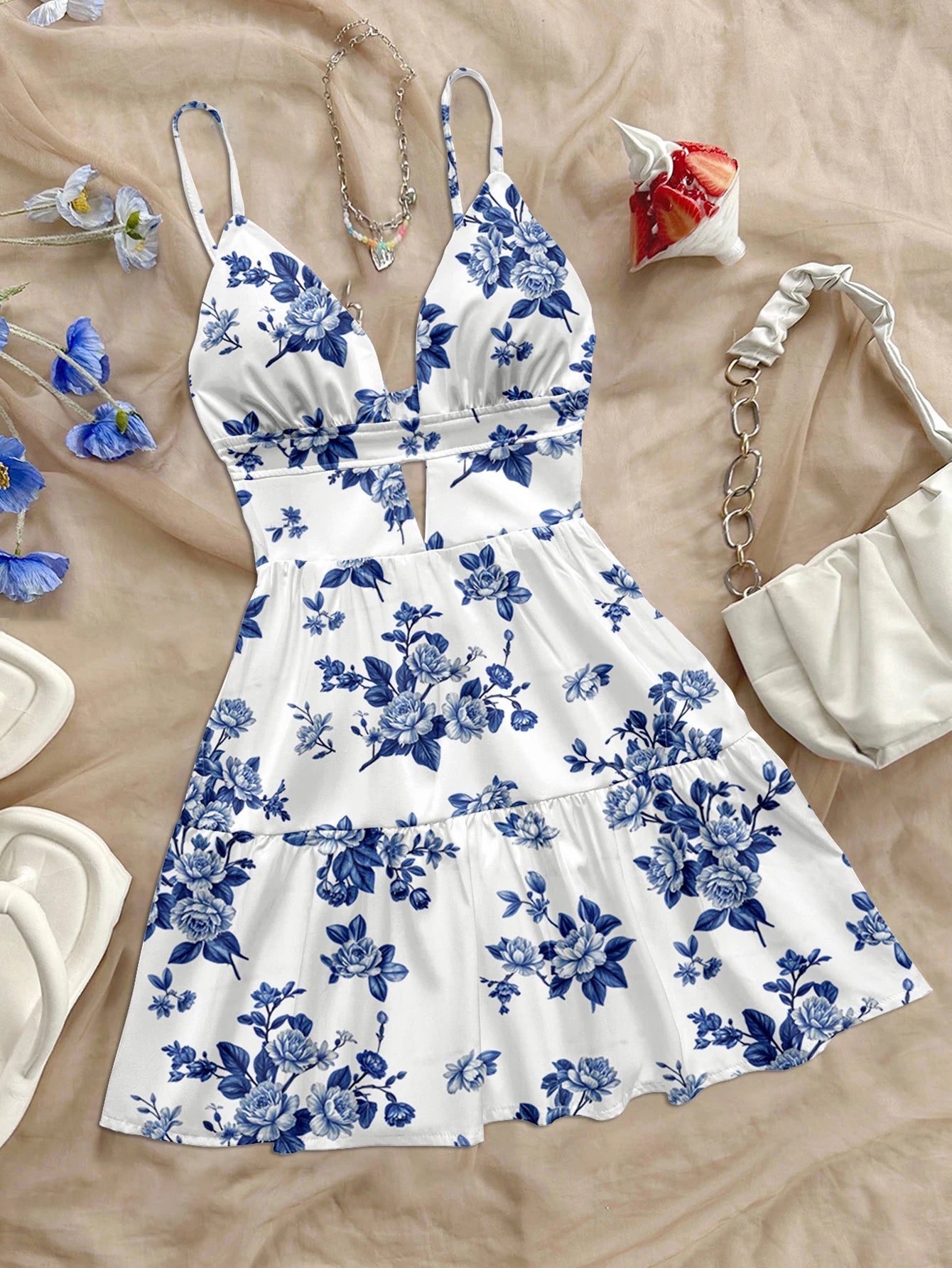women's spring/summer new brand special sale beach tropical vacation outfits ethnic style blue flower print slim fit short dress