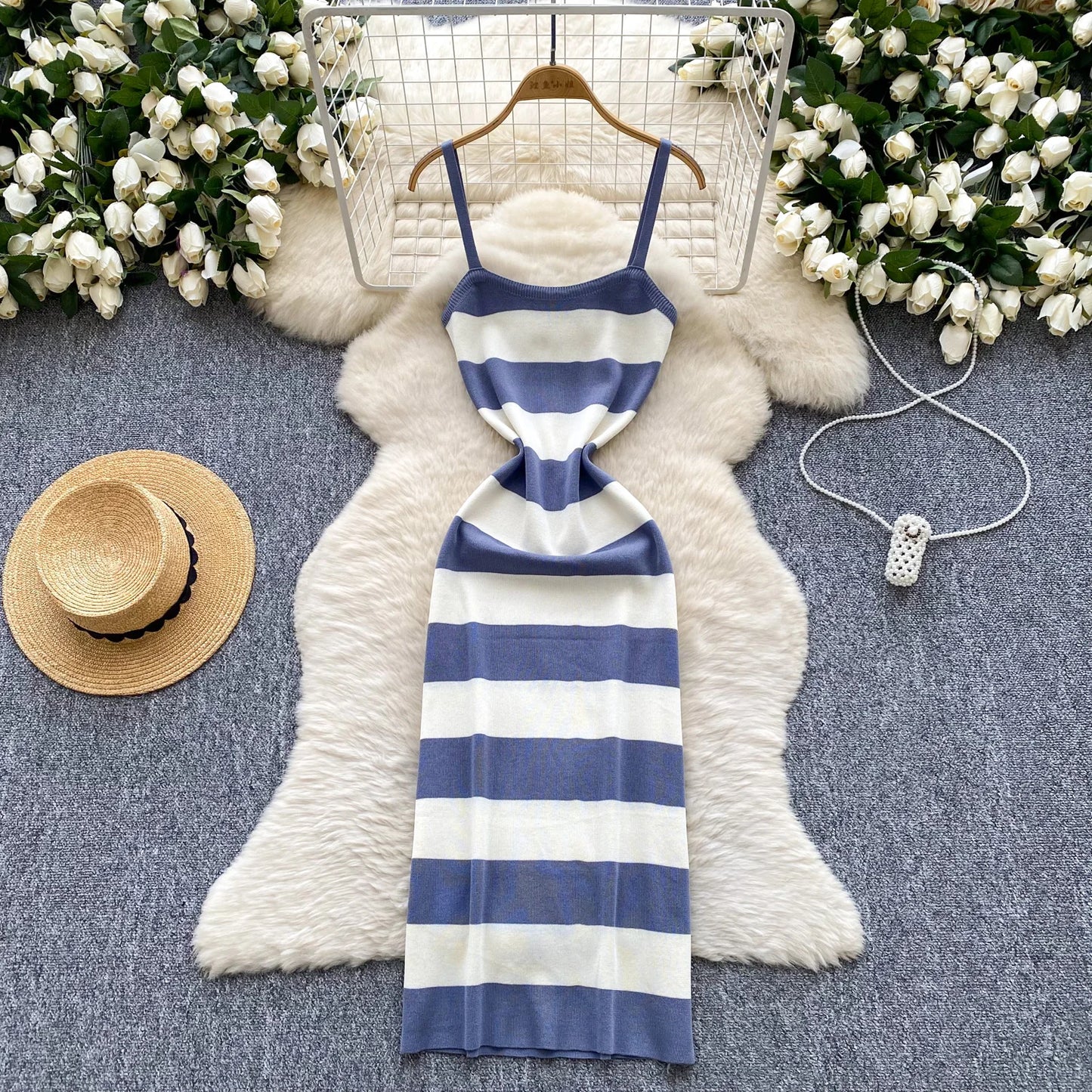 2025 & 2026 Lady New Stripes Ins Fashion Sexy Package Hips Bodycon Dress  Summer Knitted Spaghetti Straps Outfits Maxi Long Women Dress
