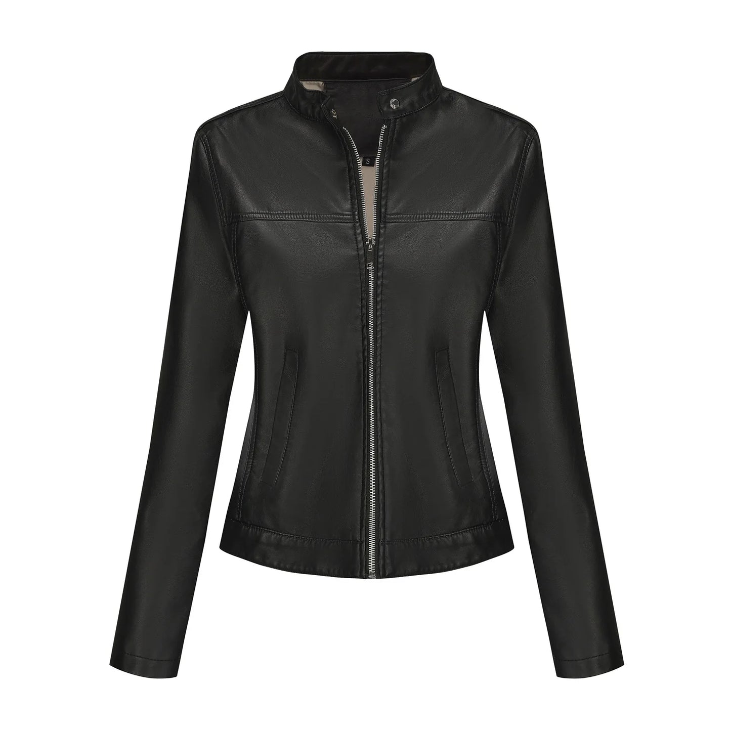 Black Women's Fitted Leather Jacket with Front Zipper & Side Pockets‌, Available in Brown, Navy Blue, and Beige.