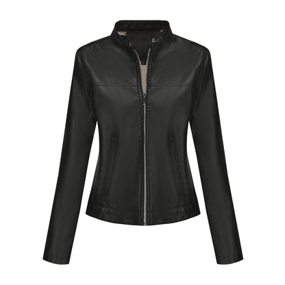 Black Women's Fitted Leather Jacket with Front Zipper & Side Pockets‌, Available in Brown, Navy Blue, and Beige.