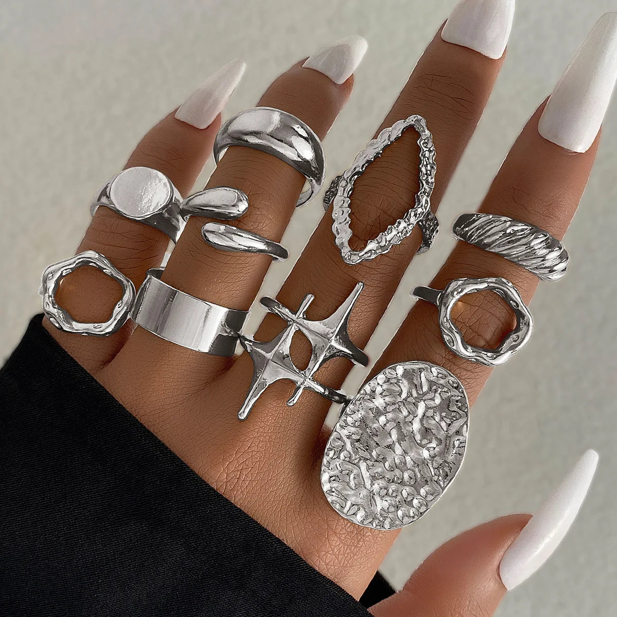 15Pcs/Set Exaggerated Metal Irregular Lines Water Droplet Smooth Rings for Women Men Punk Retro Boho Fashion Jewelry Gift