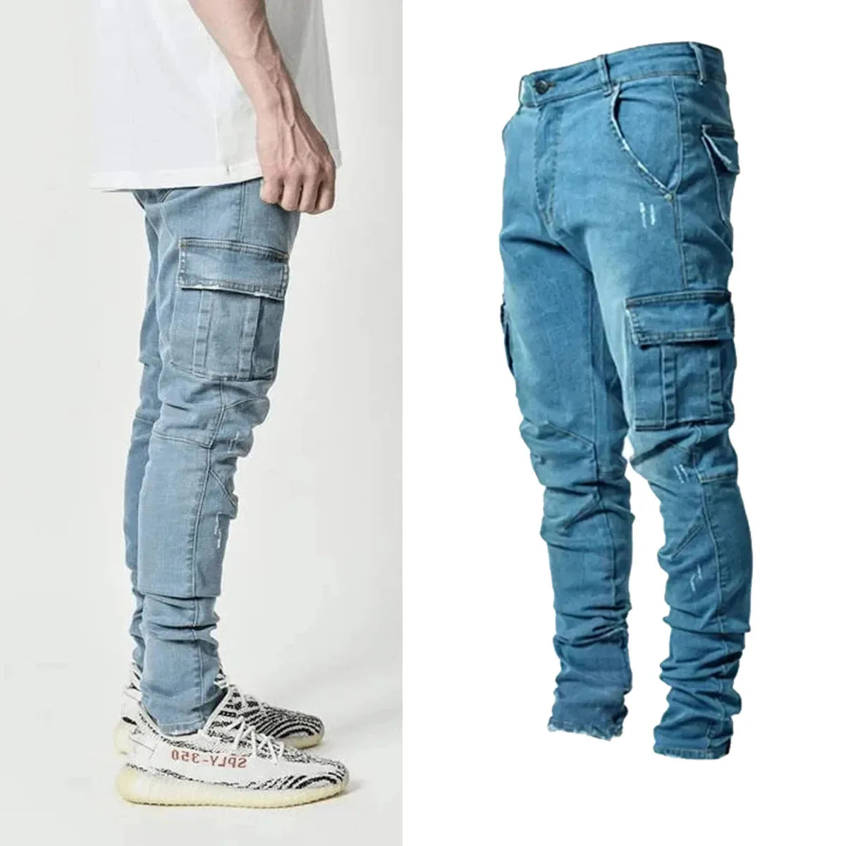 Men Street Elastic Denim Jeans Wash Solid Color Multi Pockets Cargo Pants Casual Slim Fit Daily Wear Joggers Mid Waist Trousers