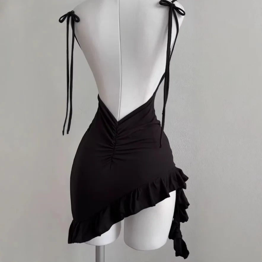 2025 Sexy Sleelveless Backless Mini Dress Women Summer Europe America Lace Up Bodycon Dresses High Street Party Club Black Dress