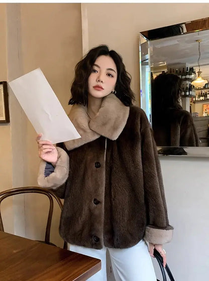 2025 New Coffee Colored Faux Mink Fur Spliced Lapel Fur Coat for Women Young and Loose