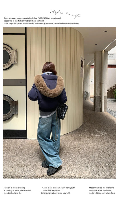 Casual Warm Fur Hooded Cropped Parkas Chic Streetwear Korean Style Down Cotton Coat Thicken Short Women's Winter 2025 Jacket