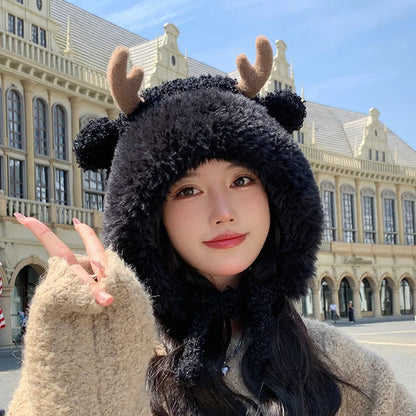 Knitted Hat Beanie Winter Warm Fleece Lined Reindeer Antlers Korean Style Cute Christmas Party Women Girls Thickened Thermal