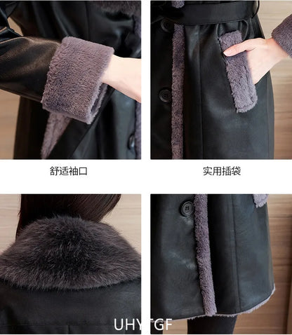 Winter Leather Jacket Women's Fashion Fur Collar Black Casual Warm Coat Female Quality PU Leather Overcoat Ladies