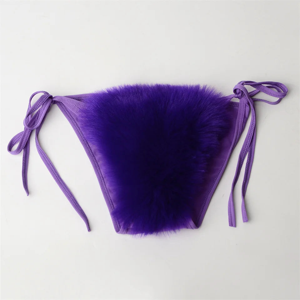Summer Women Fake Fox Fur Sexy Halter Solid Color Bikini Set Swimsuits Triangle Sexy Bikini Set Faux Fur Swimsuit Plush Swimwear