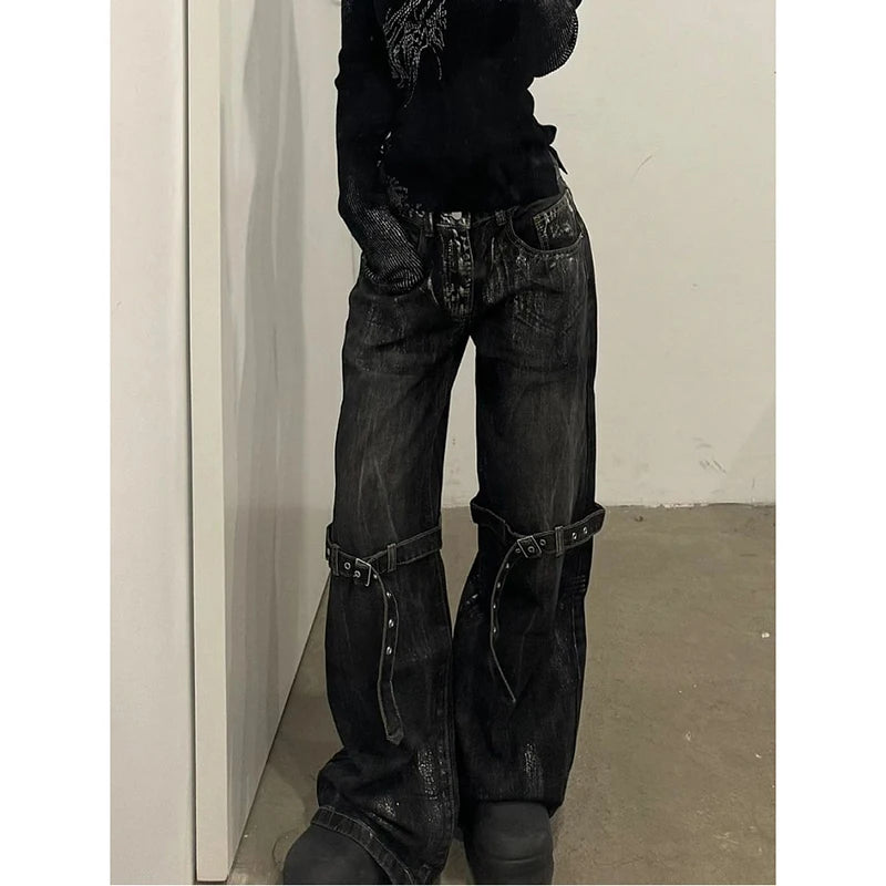 Black Women's Jeans High Waist Hip Hop Straight Fashion Pants Streetwear Harajuku Y2K Star 2024 Female Wide Leg Denim Trouser