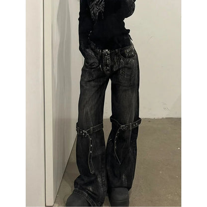 Black Women's Jeans High Waist Hip Hop Straight Fashion Pants Streetwear Harajuku Y2K Star 2024 Female Wide Leg Denim Trouser