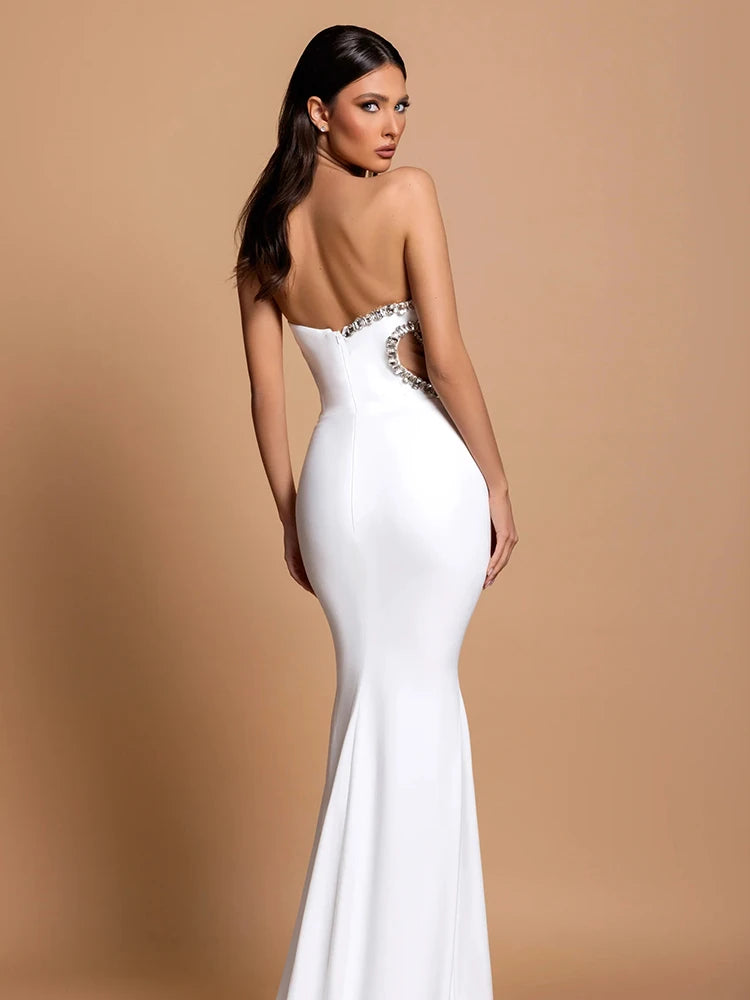 Women Mermaid Sexy White Sleeveless Bandage Long Dress Mesh Backless Strapless Diamonds Bodycon Party Evening Wedding Gowns