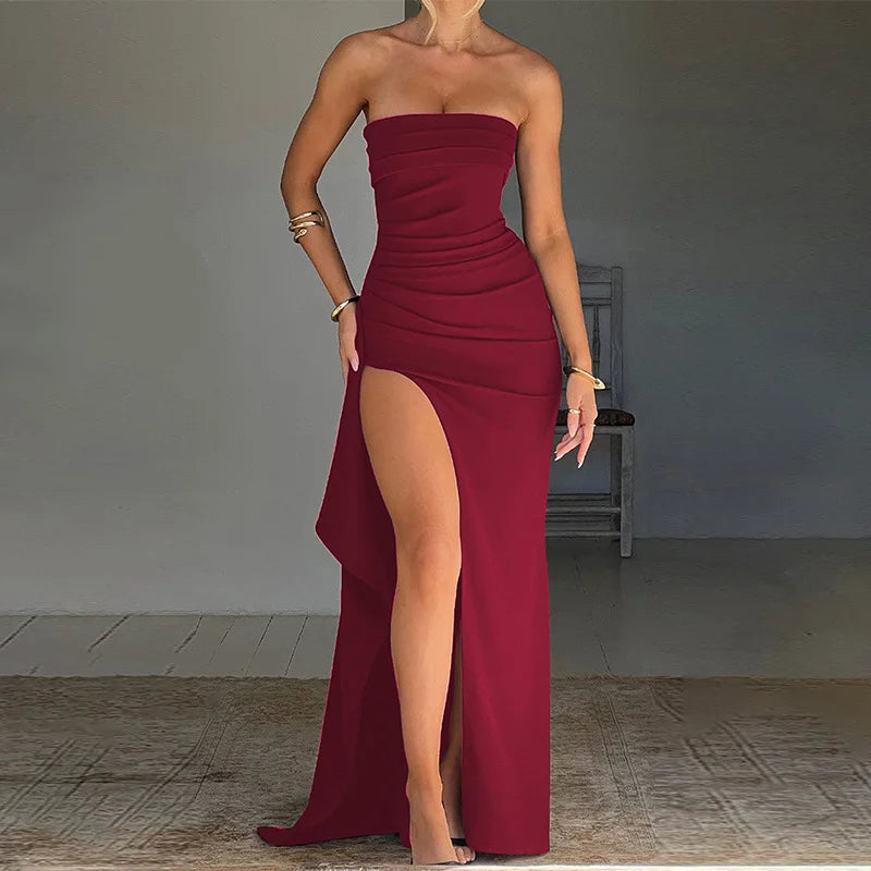 2025 women Summer Slash Neck Strapless Party Evening Dress Casual Sleeveless High Slit Long Dress Elegant Backless Sexy Dress