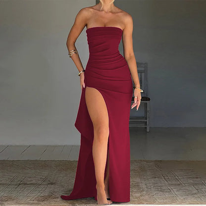 2025 women Summer Slash Neck Strapless Party Evening Dress Casual Sleeveless High Slit Long Dress Elegant Backless Sexy Dress
