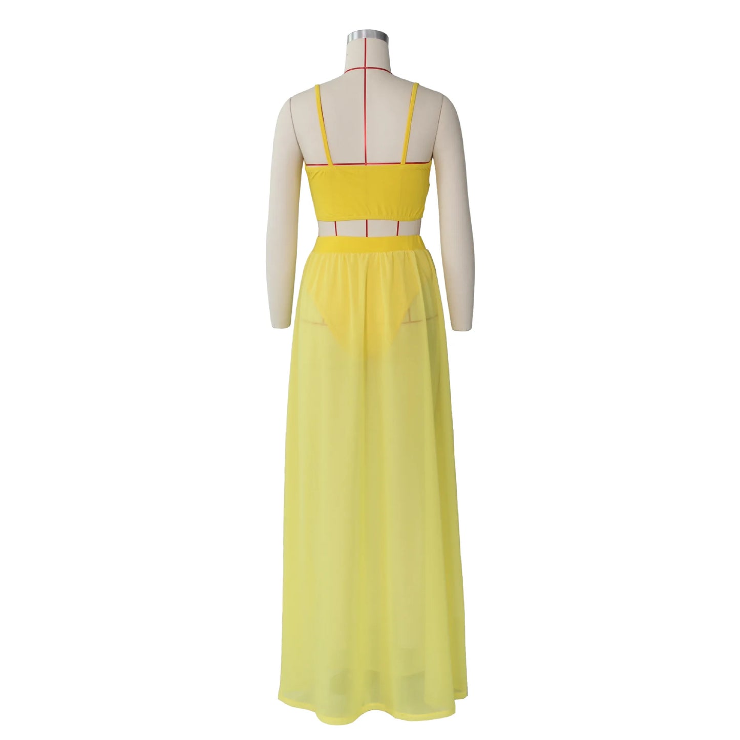 Women Sexy Yellow Solid Sleeveless V-Neck Holiday Two-Piece Suit Set Spaghetti Strap Crop Top & Maxi Slit Skirt Sets