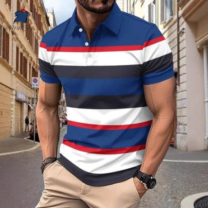 New Summer Striped Patchwork Striped Men's Polo T-shirt Fashion Lapel Button Sports Trend Street Wear Short Sleeve Top Men Shirt