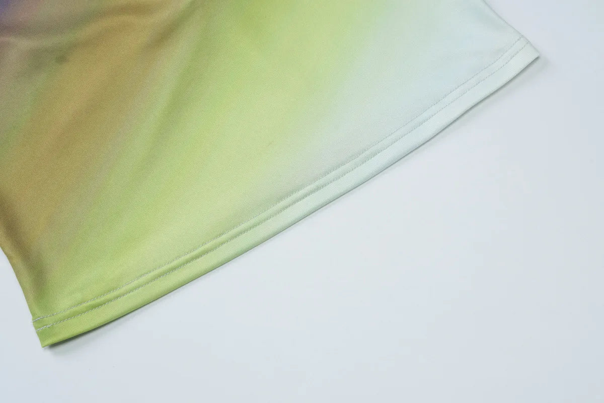 Elegant One Shoulder Green Gradient Color Vacation Beach Dress 2 Piece Set Women One Shoulder Backless Tank Top Long Skirts Suit