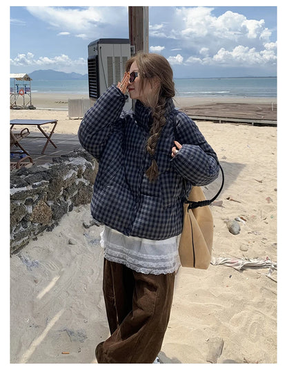 MEXZT Short Plaid Parkas Women Streetwear Stand Collar Puffer Jacket Winter Korean Down Coats Fashion Cotton Padded Outerwears