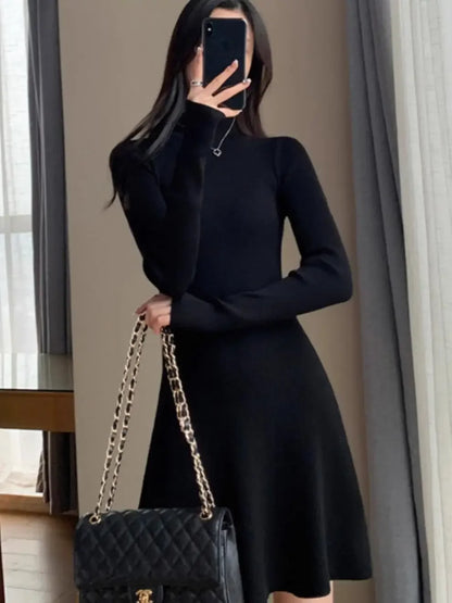 Women's Knitted A- Line Mini Dress Hepburn Little Black Dress Autumn Winter Inner Wear Slimming Base Layer Skirt For Coat