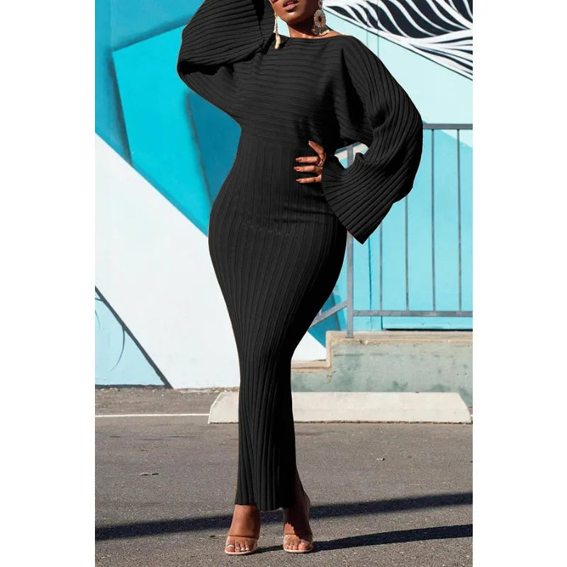 Knitted Dress Women Fashion O Neck Long Sleeve Bodycon Midi Dresses Female Elegant Loose Dresses