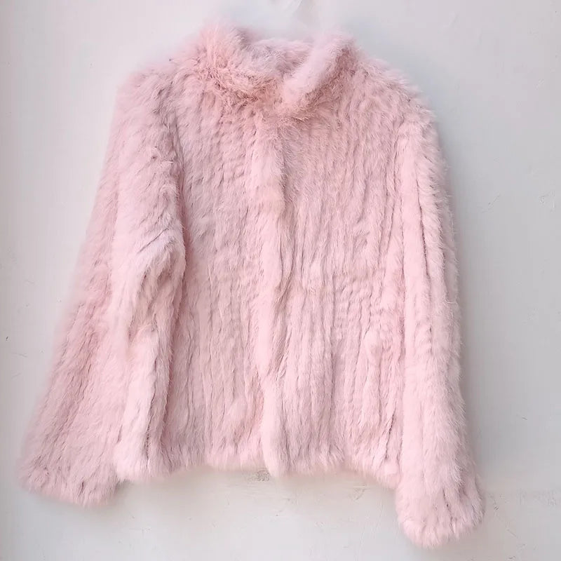 Women Winter Real Rabbit Fur Knitted Coat Female Casual Long Sleeve Genuine Fur Jacket Warm Thick Outwear Femme