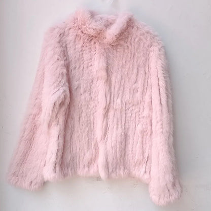Women Winter Real Rabbit Fur Knitted Coat Female Casual Long Sleeve Genuine Fur Jacket Warm Thick Outwear Femme