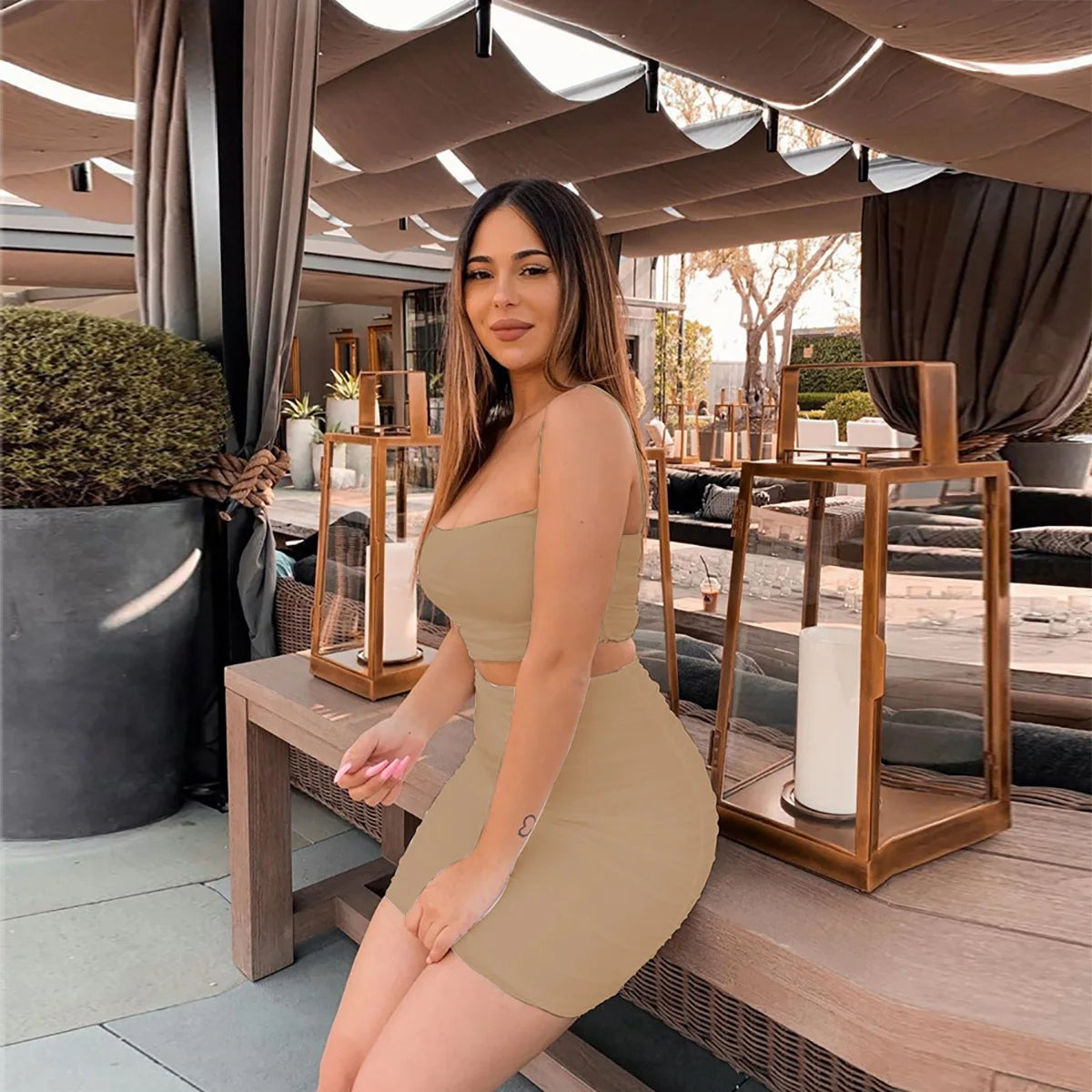 Women's New Sexy Sleeveless Strap Small Tank Top Short Top Fashion Wrinkle Bag Hip Skirt Two Piece Set