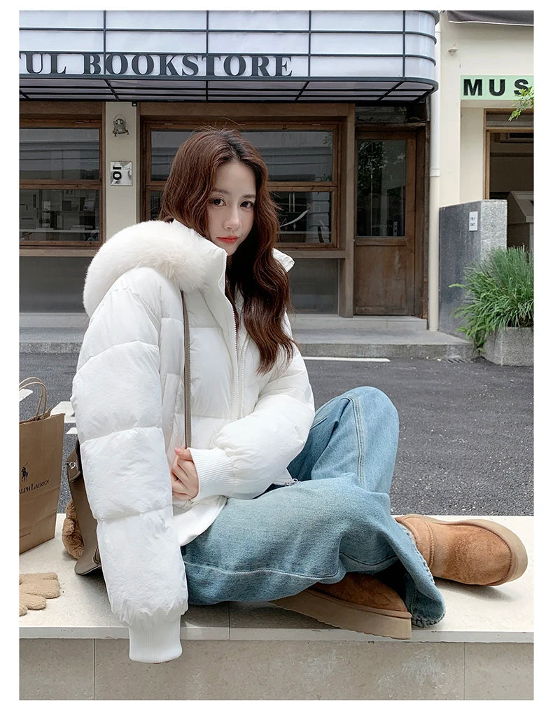 Casual Warm Fur Hooded Cropped Parkas Chic Streetwear Korean Style Down Cotton Coat Thicken Short Women's Winter 2025 Jacket