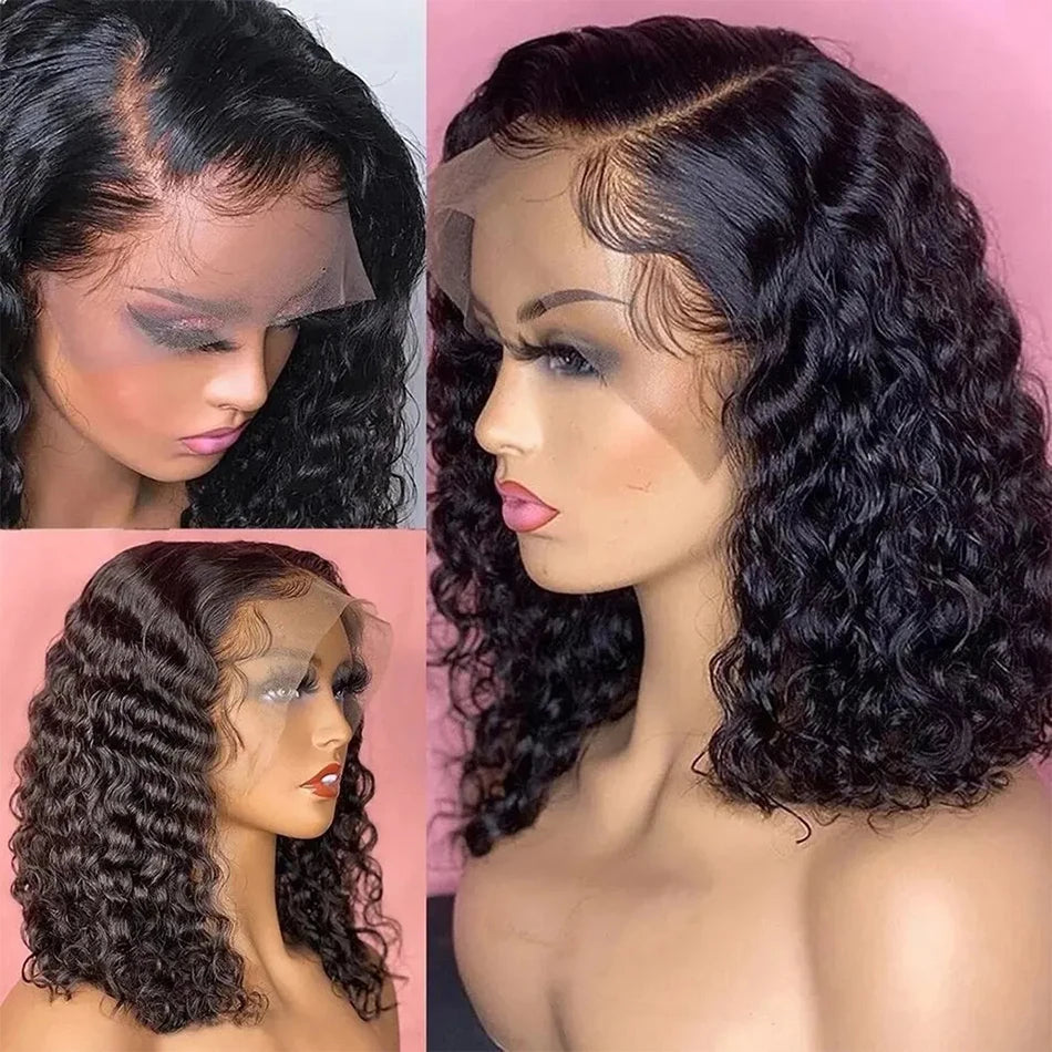 230% Curly Deep Wave 13x4 HD Lace Front Wigs Short Bob Wig 14 16 Inch Brazilian 100% Human Hair 4x4 Transparent Lace Frontal Wig