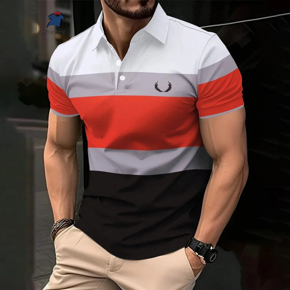 New Summer Striped Patchwork Striped Men's Polo T-shirt Fashion Lapel Button Sports Trend Street Wear Short Sleeve Top Men Shirt