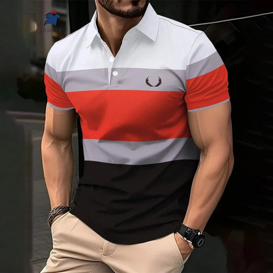 New Summer Striped Patchwork Striped Men's Polo T-shirt Fashion Lapel Button Sports Trend Street Wear Short Sleeve Top Men Shirt