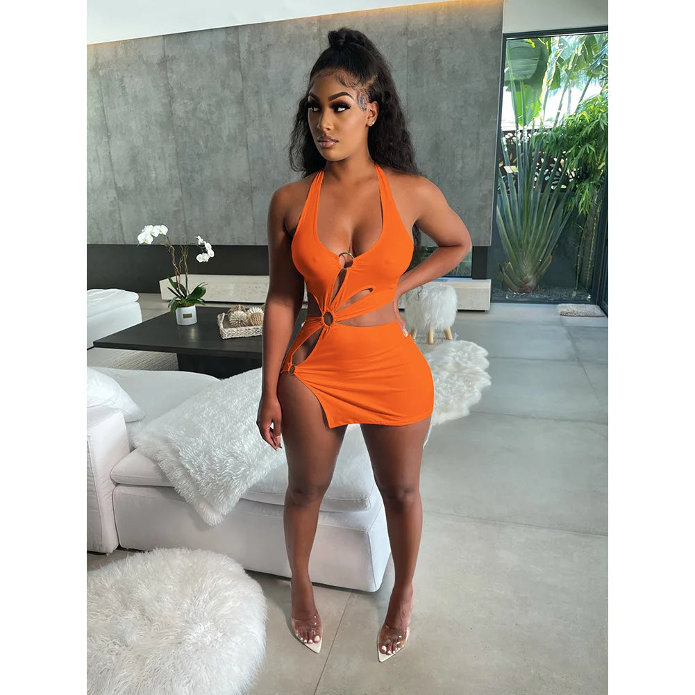 2026 Summer New Halter Dresses Sexy Slim Women's Dress Sleeveless Backless High Split Elegant  Dres Party Club Hollow Mini Skirt
