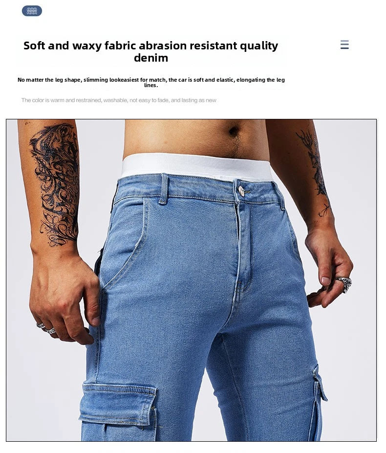 Street Elastic Jeans Men Denim Cargo Pants Wash Solid Color Multi Pockets Casual Mid Waist Trousers Slim Fit Daily Wear Joggers