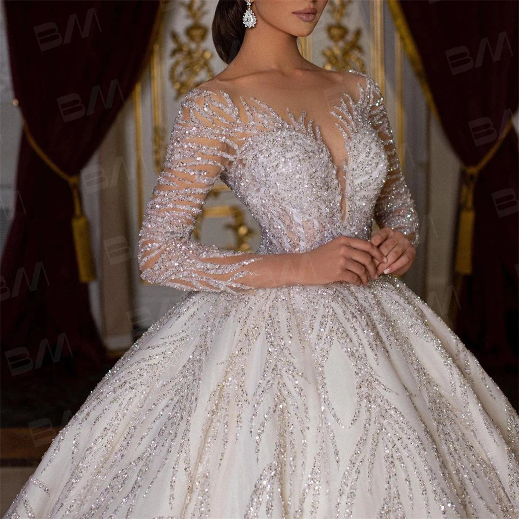 Beaded Sexy Bride Dresses Vestidos De Novia Luxury Hand Beaded Long Sleeve Wedding Dress Ball Gown Long Chapel Train