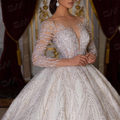 Beaded Sexy Bride Dresses Vestidos De Novia Luxury Hand Beaded Long Sleeve Wedding Dress Ball Gown Long Chapel Train