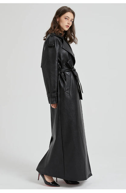 Lautaro Spring Autumn Extra Long Brown Pu Leather Trench Coat for Women Sashes Luxury Chic Overcoat Runway European Fashion 2024