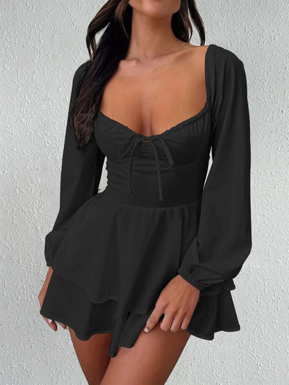 Sexy And Elegant V-neck Backless Waist Cinched Long Sleeved Dress Nightclub Party Style White Lace Up Ruffle Edge Short Skirt