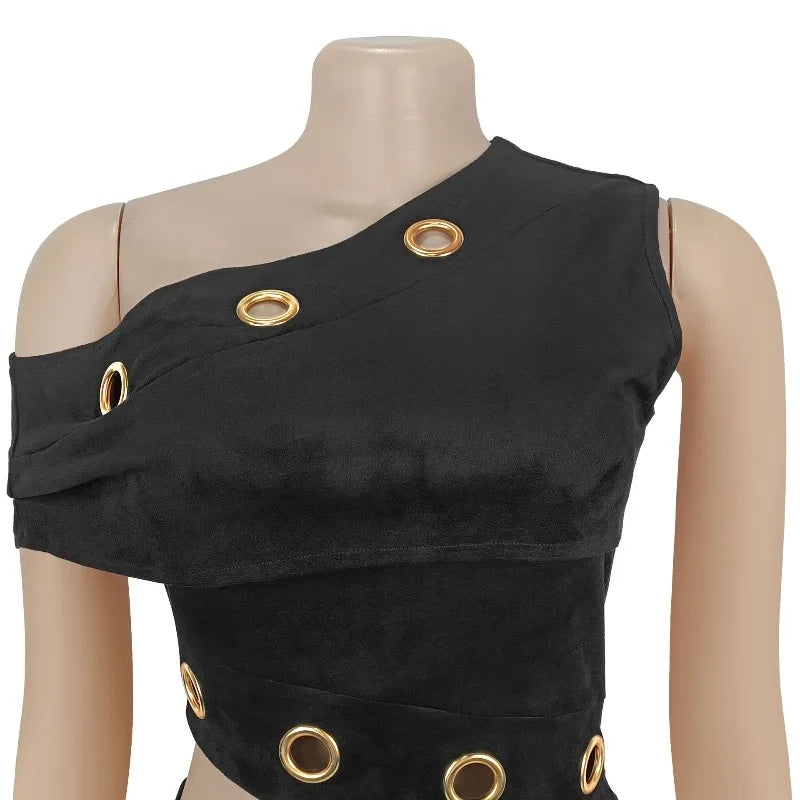 Sexy Night Club Party Birthday Outfit Woman 2 Piece Sets Fall Winter 2025 Metal Ring Hollow Out Crop Top and Mini Skirt Set