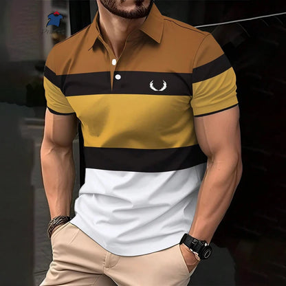 New Summer Striped Patchwork Striped Men's Polo T-shirt Fashion Lapel Button Sports Trend Street Wear Short Sleeve Top Men Shirt