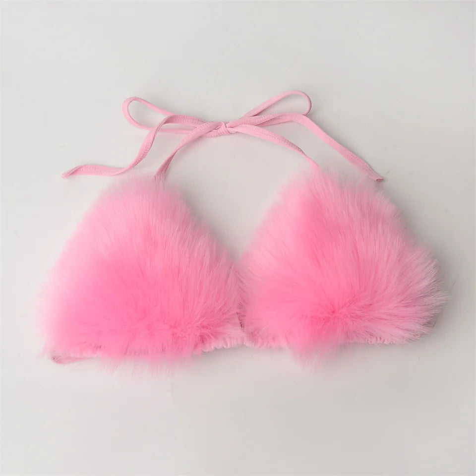 Summer Women Fake Fox Fur Sexy Halter Solid Color Bikini Set Swimsuits Triangle Sexy Bikini Set Faux Fur Swimsuit Plush Swimwear