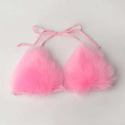 Summer Women Fake Fox Fur Sexy Halter Solid Color Bikini Set Swimsuits Triangle Sexy Bikini Set Faux Fur Swimsuit Plush Swimwear