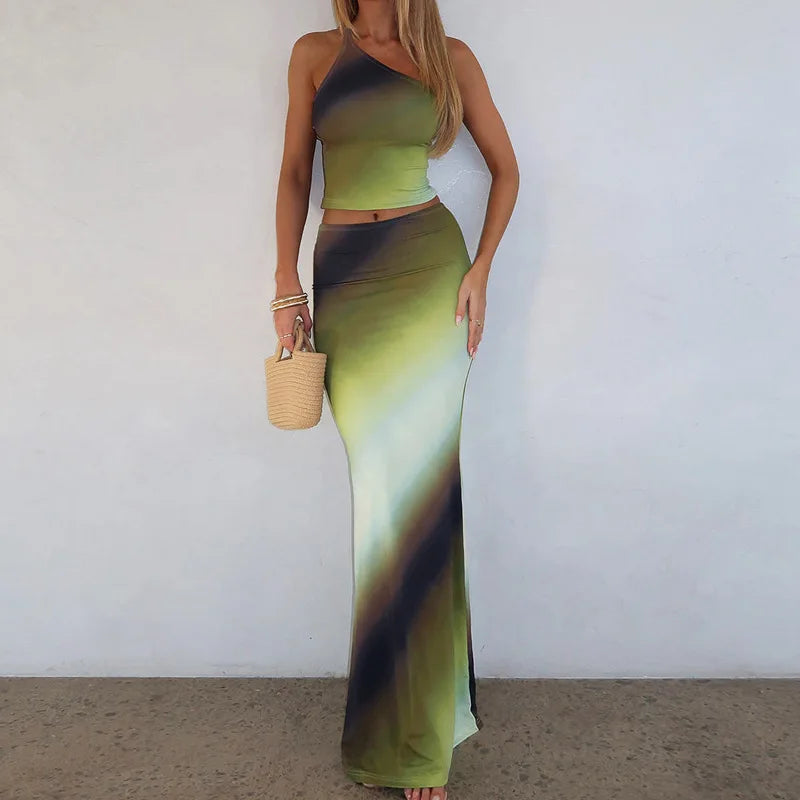 Elegant One Shoulder Green Gradient Color Vacation Beach Dress 2 Piece Set Women One Shoulder Backless Tank Top Long Skirts Suit