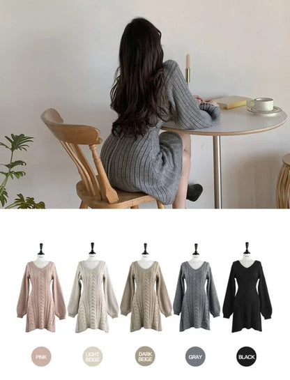 Korean Chic Autumn Gentle V-neck Linen Pattern Design Slimming Long Sleeve A- line Knitted Dress High Collar Ankle-length Dress
