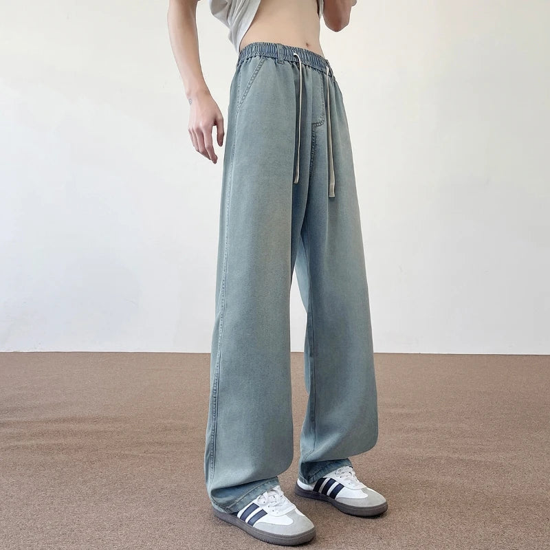 2025 New Autumn American 190 Tall Men Ice Sensation Jeans 115CM Extra Long Length Elastic Waist Thin Loose Wide-leg Clothing