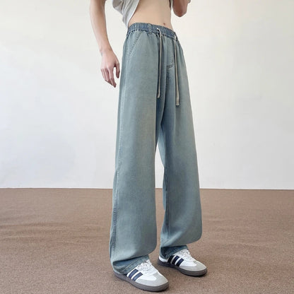 2025 New Autumn American 190 Tall Men Ice Sensation Jeans 115CM Extra Long Length Elastic Waist Thin Loose Wide-leg Clothing