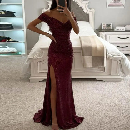 2025 Elegant Off-shoulder Gown Dress V-Neck Sequin Pleated Short Sleeve Waist Tight Maxi Dress Split Evening Party Prom Dress