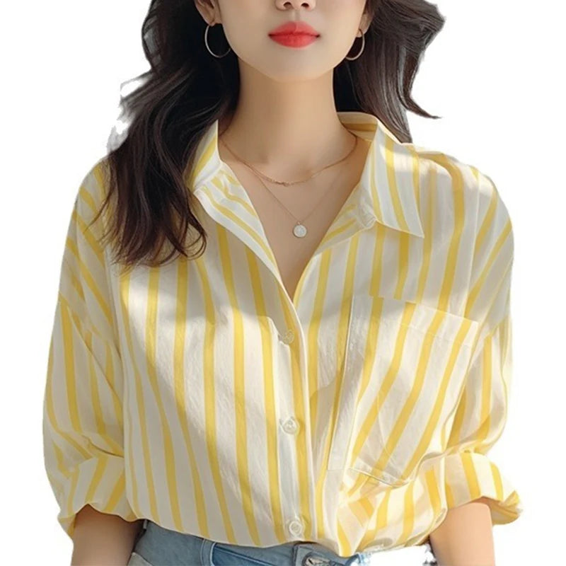 Yellow and white vertical striped shirt women spring and autumn new shirt European casual explosive long-sleeved shirt