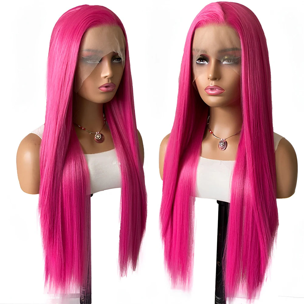 Rose Pink Straight Synthetic Lace Wig Glueless Wigs For Women Natural Hairline Daily Wear Long Pink  Wig Cosplay Part Front Hair