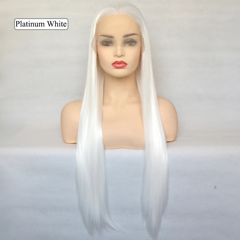 Voguequeen Platinum Blonde Synthetic Lace Front Wigs Silky Straight Heat Resistant Fiber Daily Wear For Women