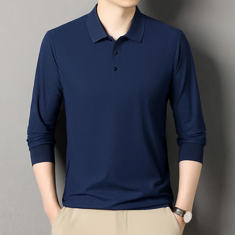 Autumn new men's long sleeved cotton polo shirt, middle-aged business, comfortable, solid color, loose men's lapel T-shirt