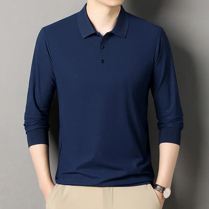 Autumn new men's long sleeved cotton polo shirt, middle-aged business, comfortable, solid color, loose men's lapel T-shirt
